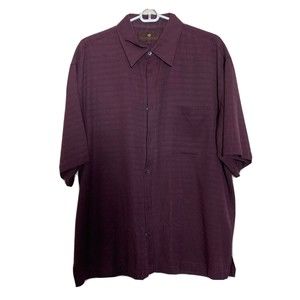 Toscano Mens L Shirt Button Up 100% Silk Casual Short Sleeve Purple Woven Stripe